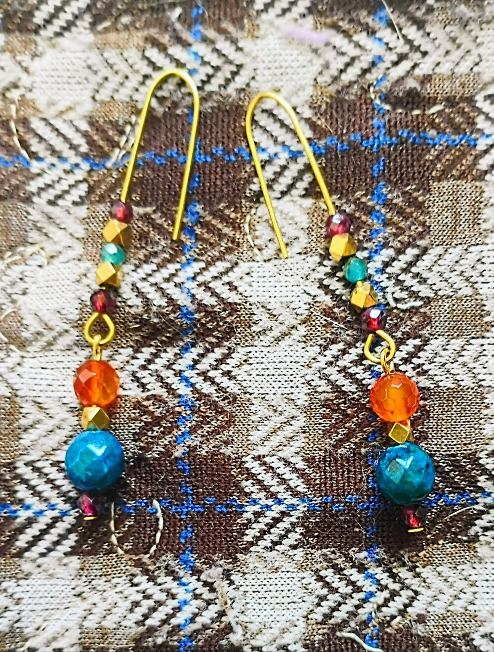 Faceted Chrysacola-Malachite, Carnelian, Garnet, and Apatite Drop Earrings